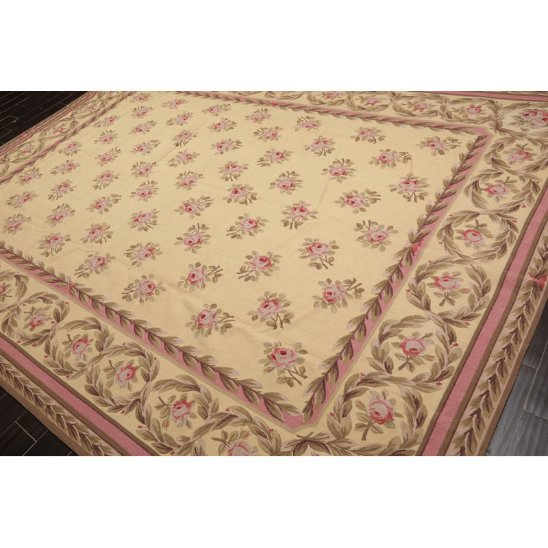 Tapis oriental ivoire / rose / brun en laine tissé à plat 9 pi x 12 pi Asmara