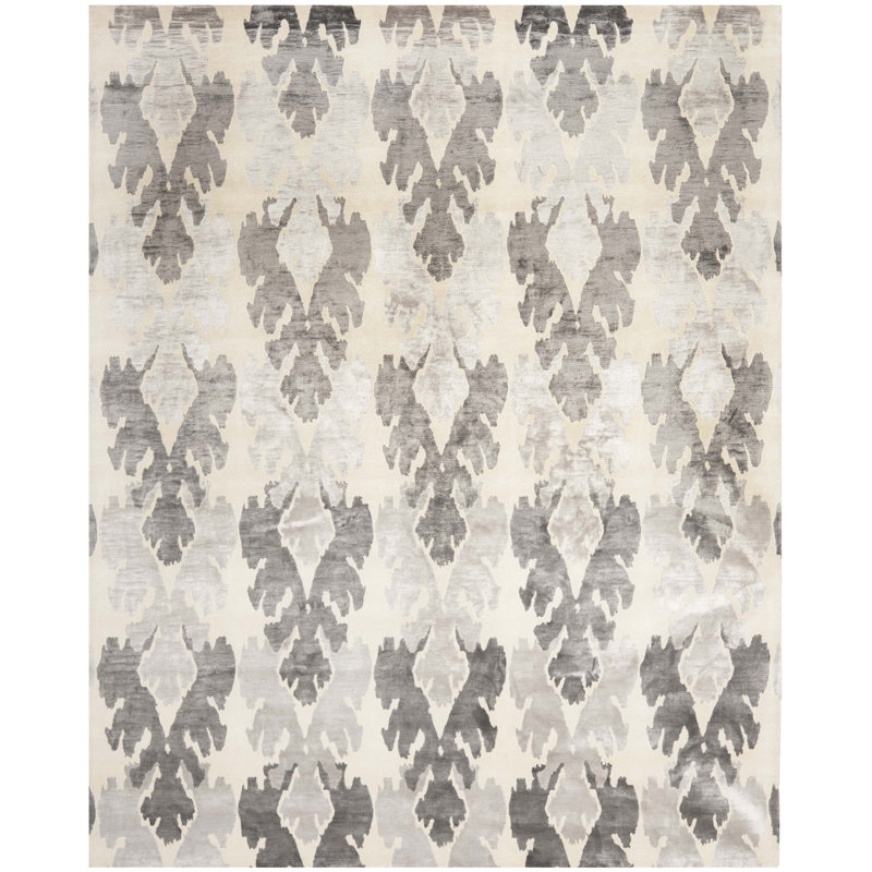 Tapis ikat tibétain noué à la main en viscose / laine / coton perle / gris, Rectangle 10 pi x 14 pi