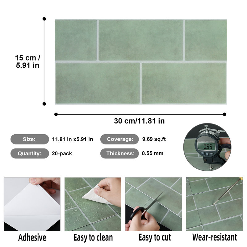 11,8 po X 5,9 po Tuile de dosseret en vinyle gris et vert, carrelage mural décoratif