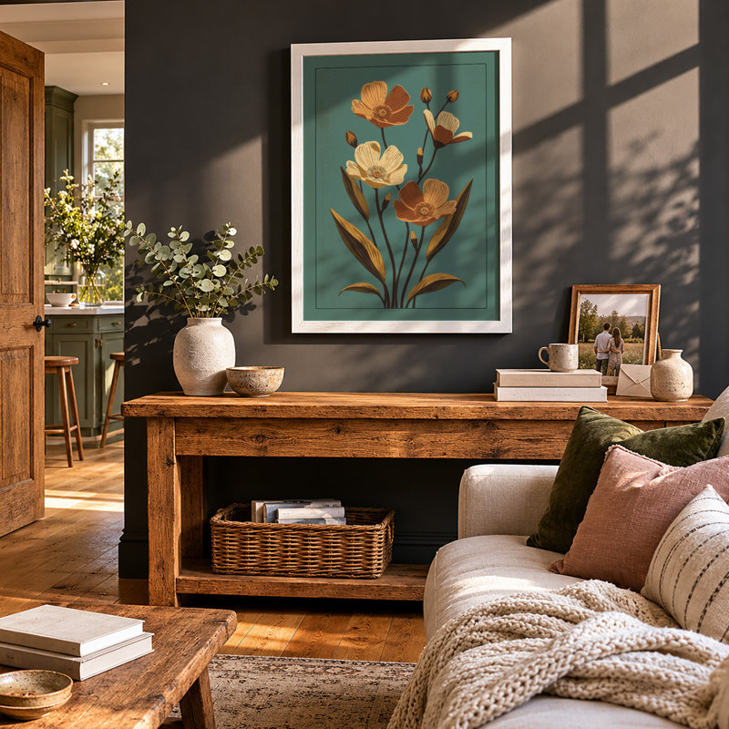 Orange Blooms Rising Botanical - Framed Print, A2 - 59.4 x 42.0 cm, White