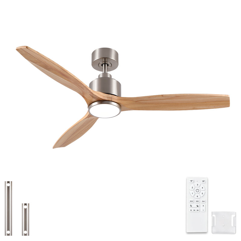 Modern 52" 3-Blades Indoor Brushed Nickel Solid Wood Ceiling Fan With LED Light, Quite DC Motor and Remote Control, 52" Wide