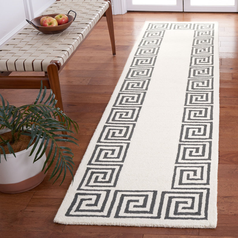 Dormeus Hand Tufted Wool/Cotton Greek Key Border Rug in Ivory/Gray, Runner 2'3" x 9'