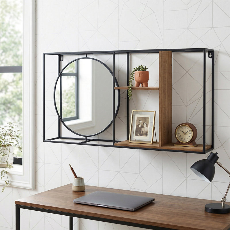 Unité de rangement murale moderne en métal et bois avec miroir - Structure ouverte avec verre, fer et étagères pour un affichage décoratif élégant et une organisation fonctionnelle.