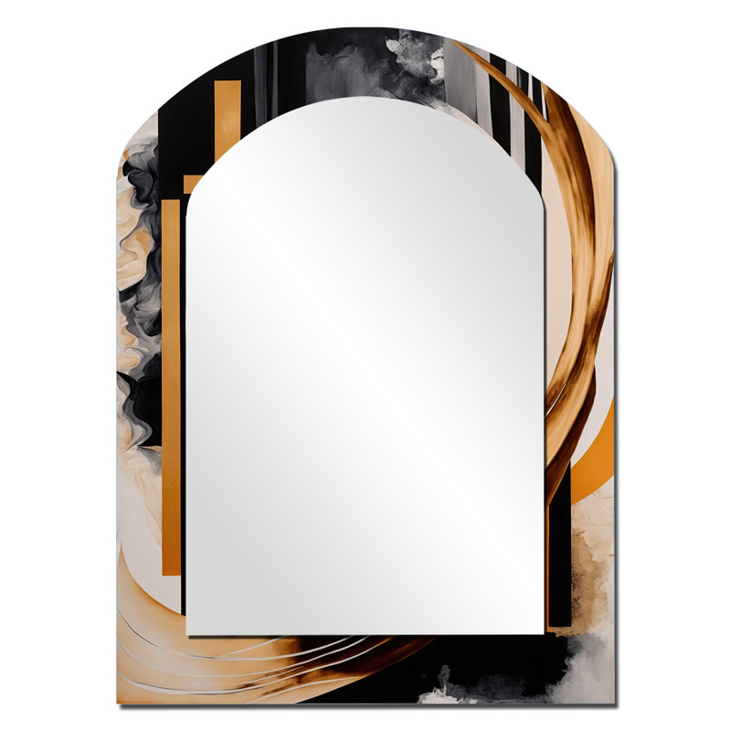 Gold Touch Art Deco I - Abstract Asymmetrical Wall Mirror, Black Arch Decorative Mirror, Printed Metal Art, 34" x 25"