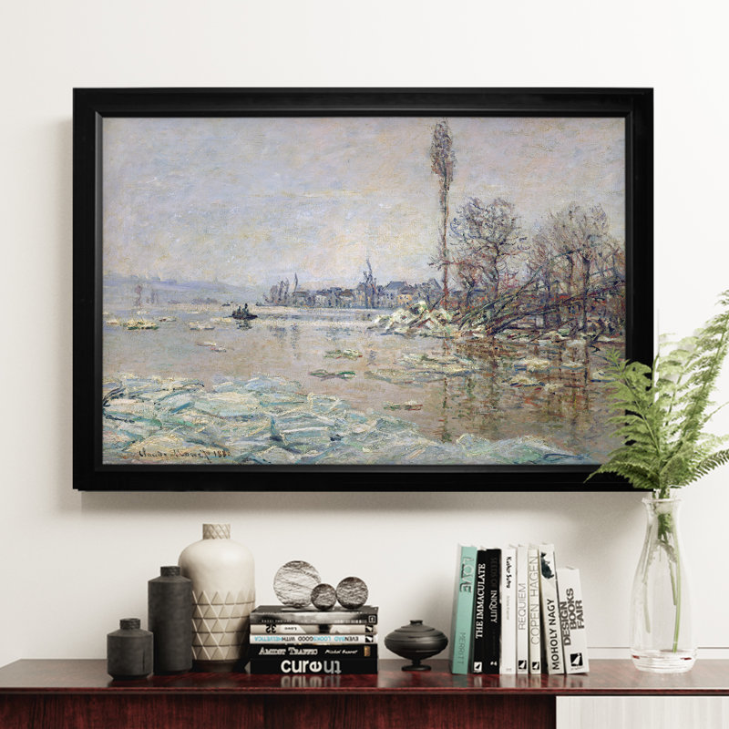 « rupture de glaçons » par claude monet, reproduction de peinture à l’huile, H 24 po x l 30 po x P 1,5 po, Cadre noir