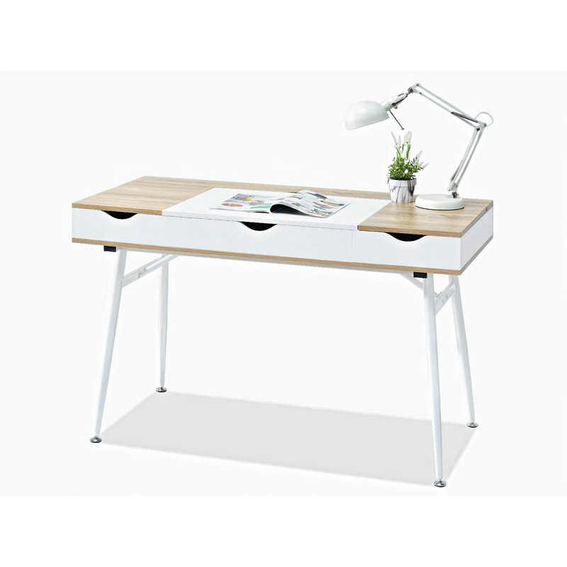 Theta Metal Base Writing Desk, White, Oak/White