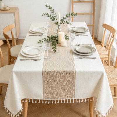 Boho Faux Linen Waterproof Tablecloth with Tassels - Stain Resistant