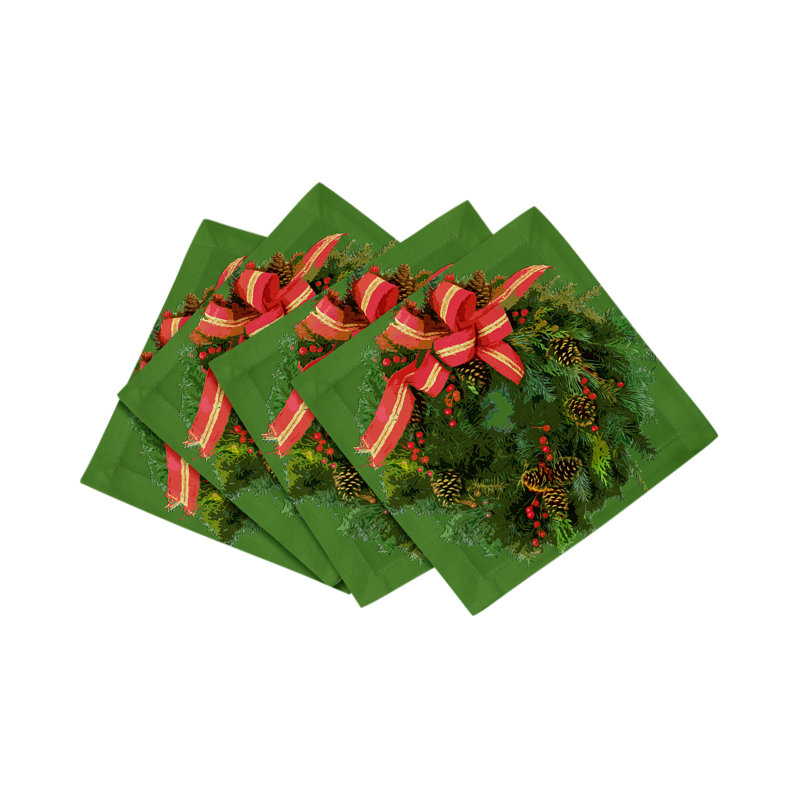 Christmas Wreath Cotton Sateen Cocktail Napkins, Green