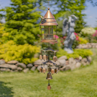 Long Hanging Lantern-Shaped Iron Birdfeeder with Toadstool & Bell Accents