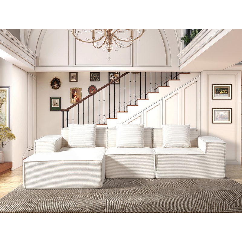 Canapé modulaire convertible avec repose-pieds et coussins, canapé modulaire en forme de L pour le salon, Beige