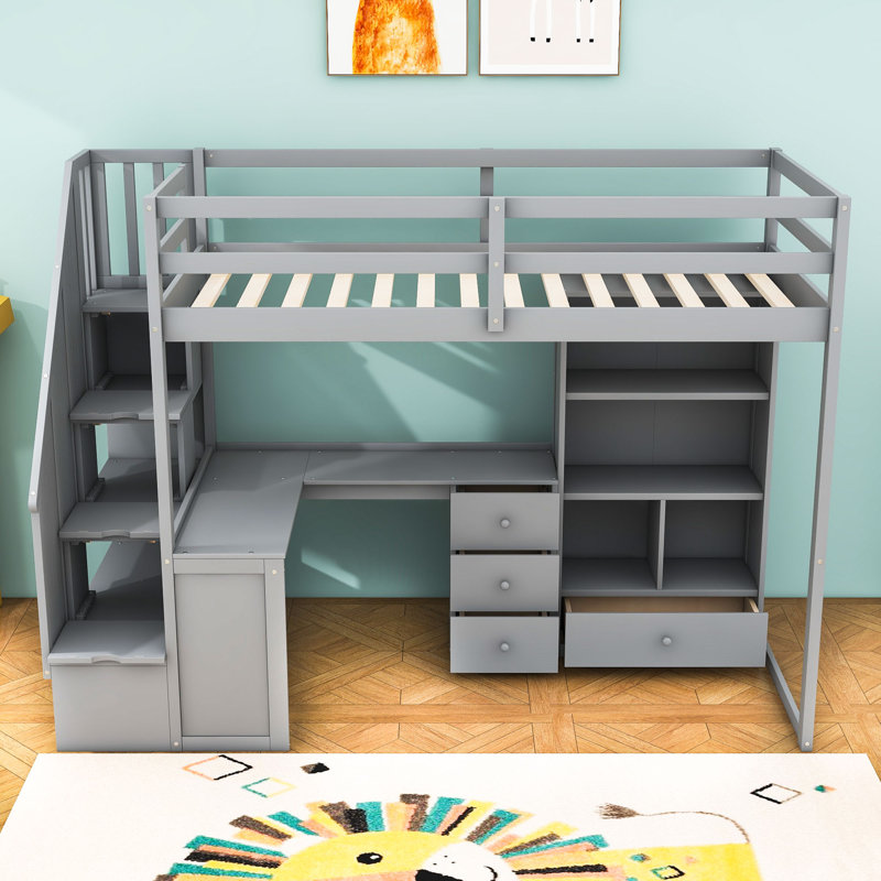 Lit mezzanine simple en bois avec tiroirs intégrés, bureau en L, tablettes et rangement pour escalier, Gris