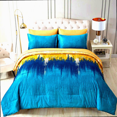 Abstract Teal Gradient 7-Piece Comforter Set - Soft Microfiber Bedding Bundle with Flat Sheet, Fitted Sheet, Pillow Shams, Pillowcases - Artistic Bed in a Bag