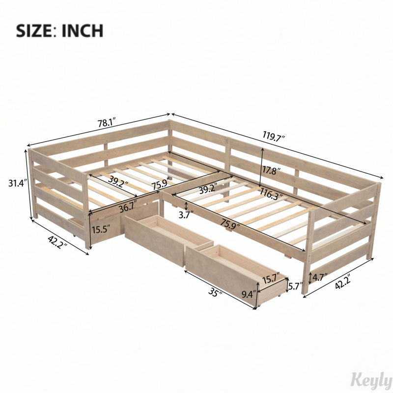 L-shaped Platform Bed with Three Storage Drawers, Natural