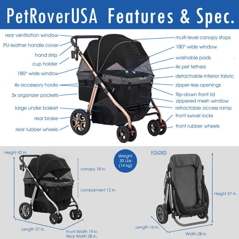 Poussette standard pliable Pet Rover Titan HD, Noir