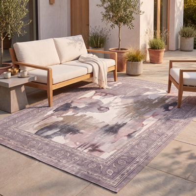 Tapis Anatase moderne à poils courts, effet vieilli, aquarelle abstraite, gris, ivoire, beige, rose, antidérapant, adapté aux animaux domestiques, pour salon, chambre, salle à manger, entrée, couloir, bureau. Lavable.