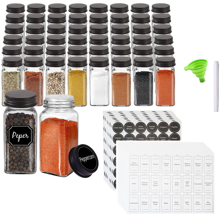 14 Glass Spice Jars w/2 Types of Preprinted Spice Labels. Commercial Grade,  Complete Set: 14