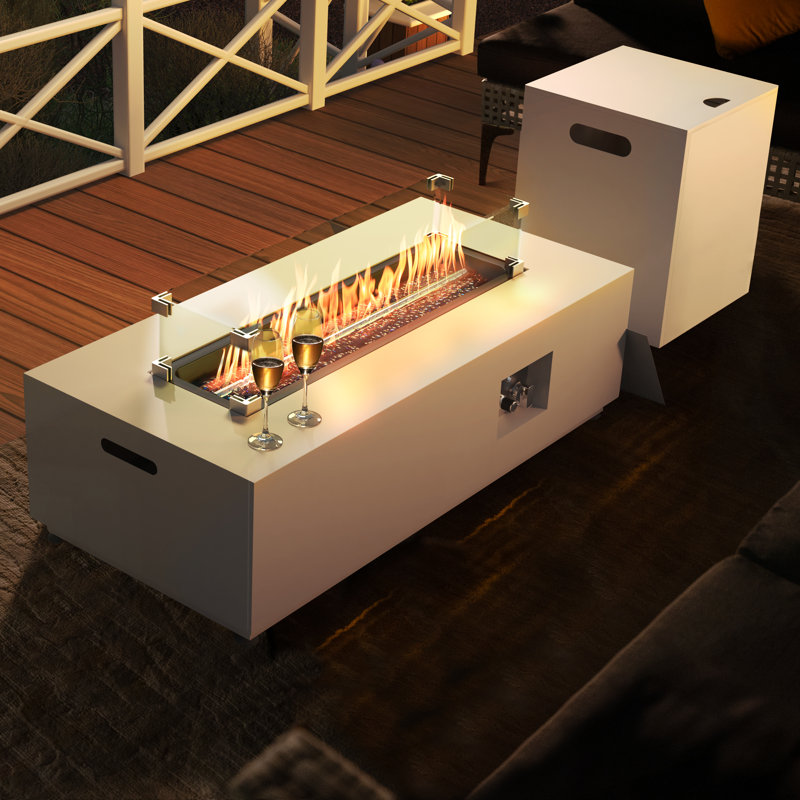 42" Rectangle Iron Propane / Natural Gas Smokeless Outdoor Fire Pit Table with Hidden Fuel Tank & Lid, White