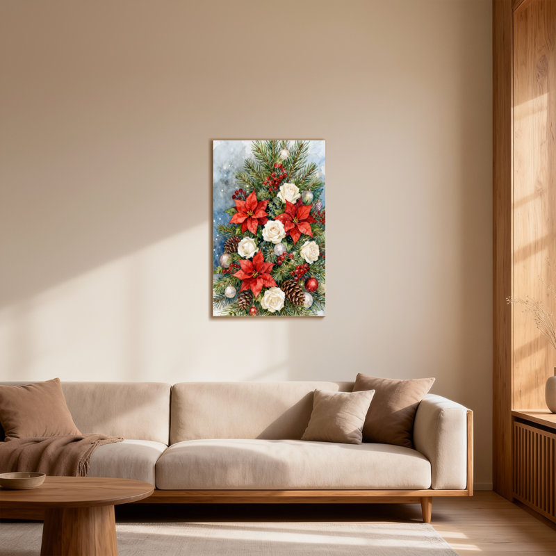 Arrangement floral de Noël avec poinsettias et roses, H 18 po x l 12 po