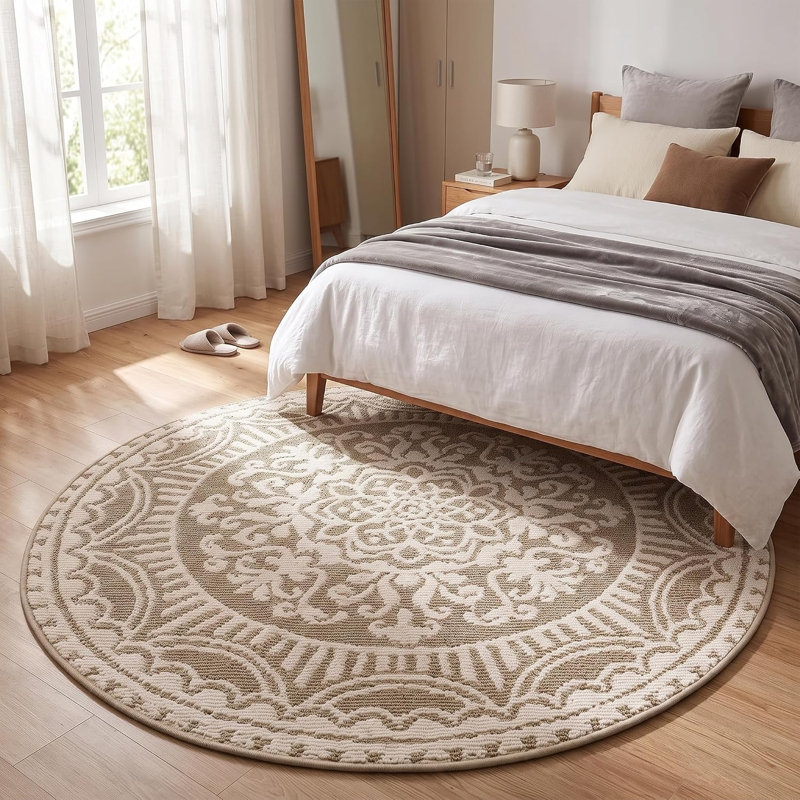 Tapis rond rond résistant aux taches beige, Rond 4 pi
