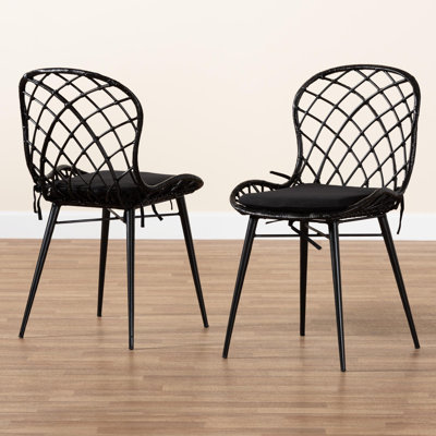 Kinnard Fabric Slat Back Rattan and Teak Wood Side Dining Chair