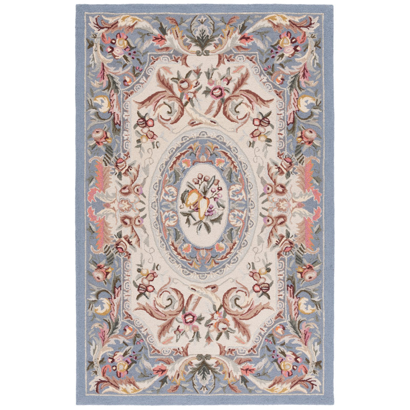 Blue Floral Hand-Hooked Wool Area Rug 5'3" x 8'3"