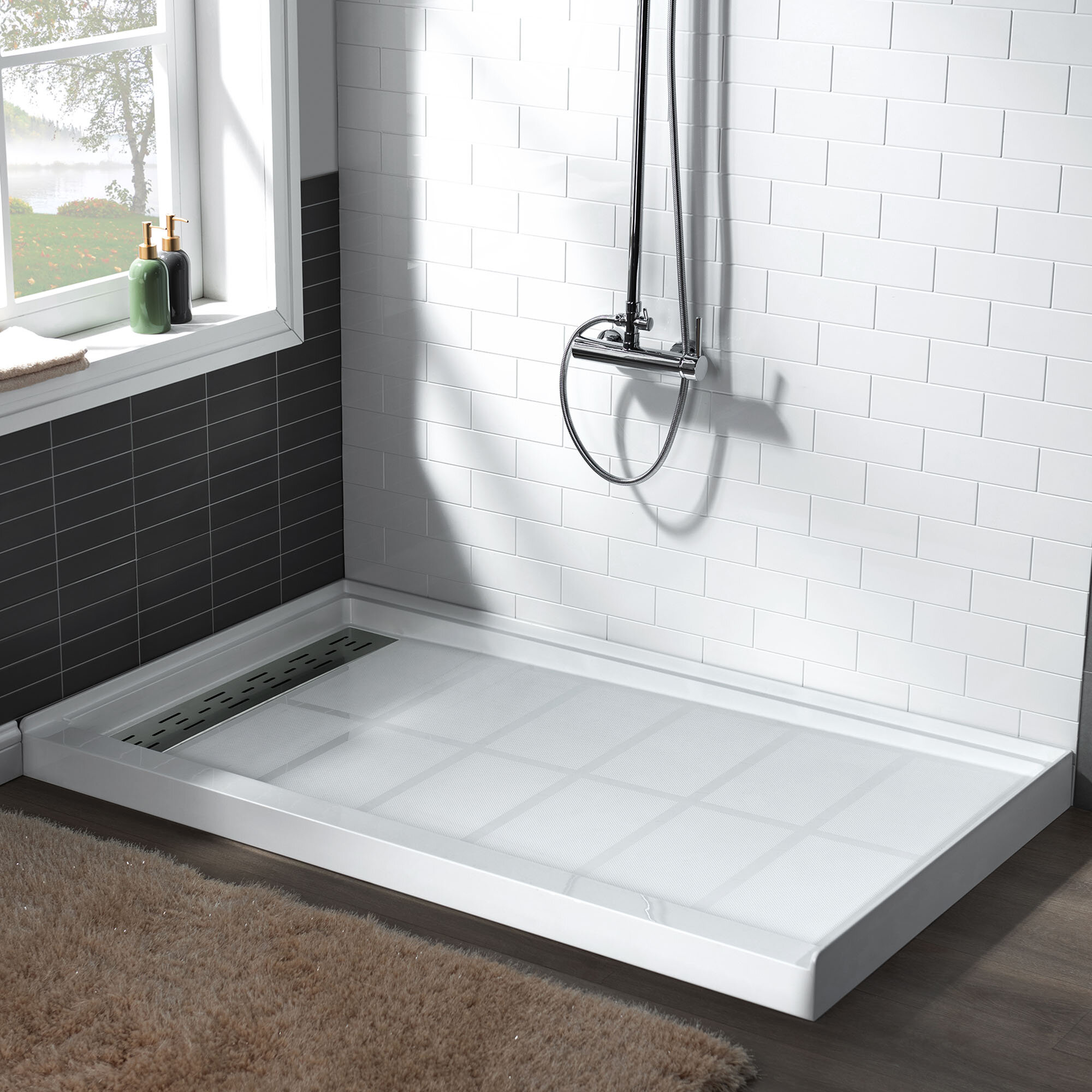 Woodbridge Krasik 60 in. L x 30 in. W Alcove Solid Surface Shower Pan Base with Left Drain in White with Chrome Cover, White with Chrome Drain Cover