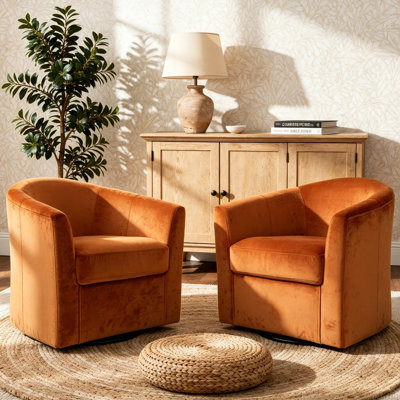 Upholstered Orange Velvet Swivel Barrel Chair