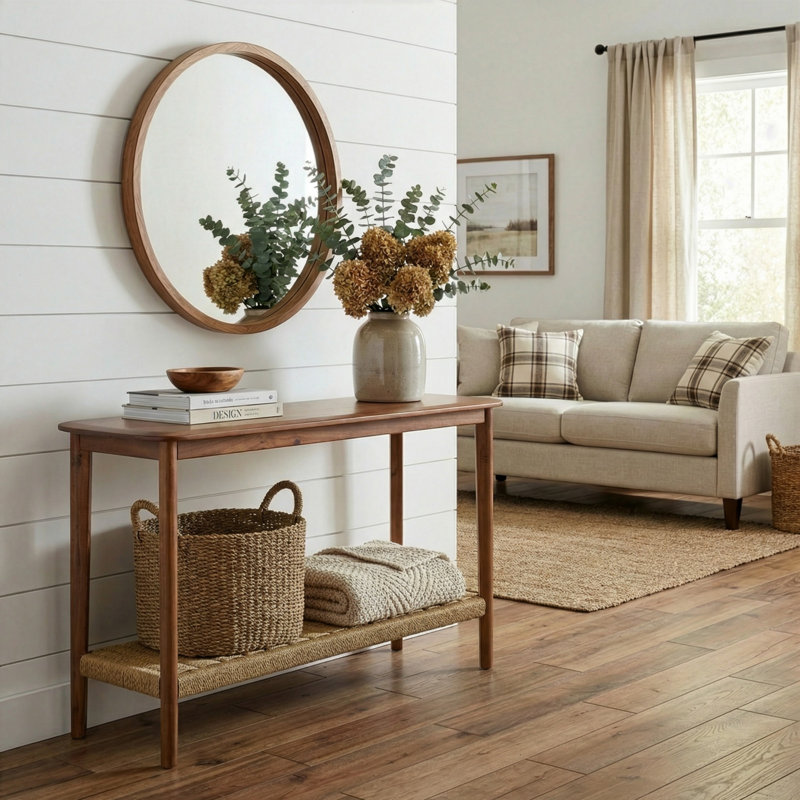 Console Calais 48" en bois d'acacia, de style milieu du siècle, avec étagère tressée, couleur châtaigne chaude