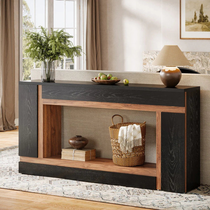 Console de 63 po de long couloir décoratif, canapé à 2 niveaux en panneau de particules avec accents noyer, mobilier d'entrée moderne et mince pour le salon et le vestibule