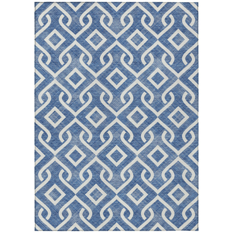 Tapis intérieur / extérieur géométrique lavable bleu et ivoire 9 pi x 12 pi