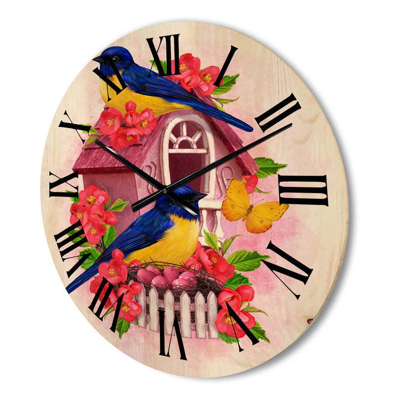 Horloge murale en bois deux mésanges assis près du nid, Moyen