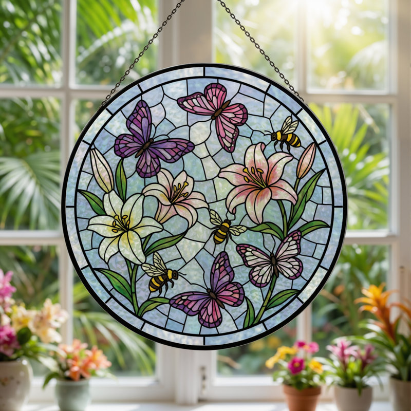 Panneau de vitrail papillon 7,8 "H Lily, H 7,8 po x l 7,8 po