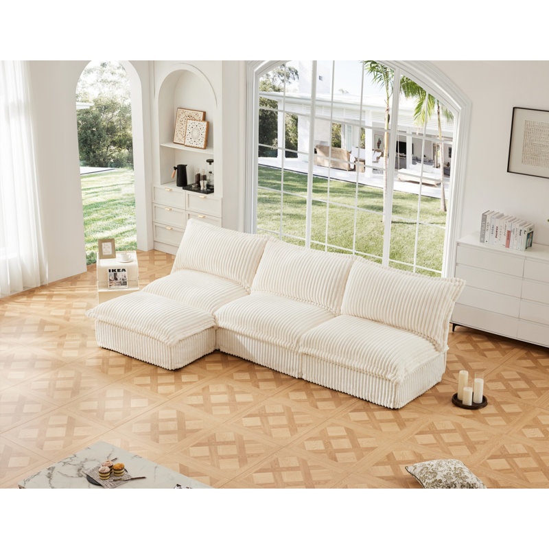 Canapé moderne sans accoudoirs 3 places Kemble, Velours côtelé crème, H 34,63 po x l 109,83 po x P 55,03 po