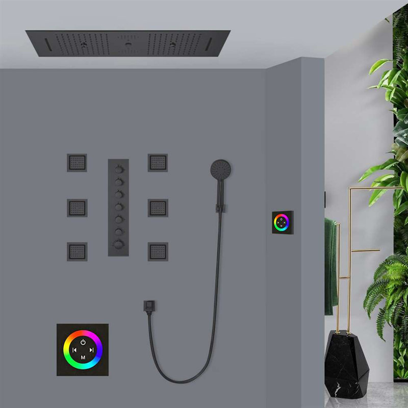 LED Thermostatic Shower Set with Rainfall and Multi Jets, Knob, Matte Black