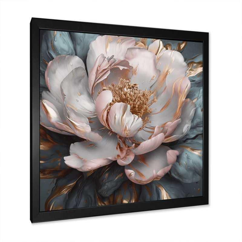 Pivoines roses et grises en fleurs I - impressions florales sur pivoines, Cadre photo noir, H 24 po x l 24 po