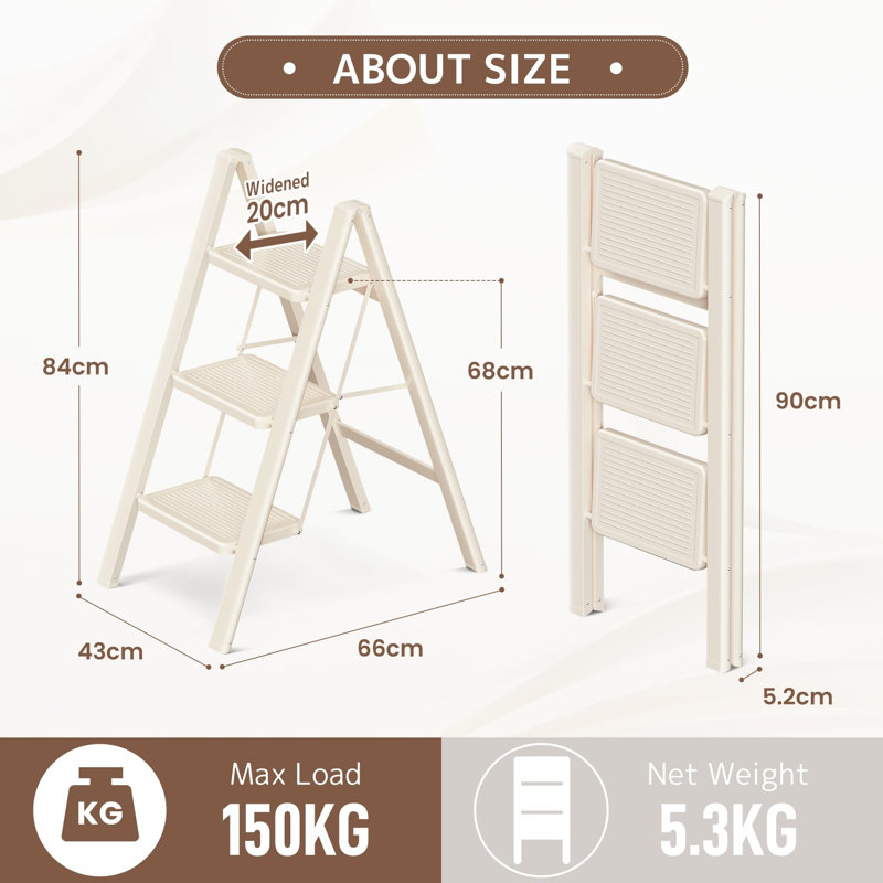 3 Step Stool for Adults, Folding Step Ladder with Secure Footing, Cream White