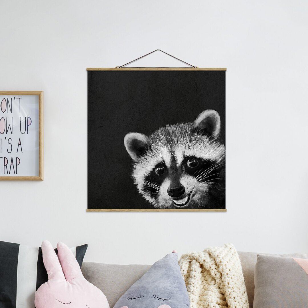 Stoffbild Illustration Raccoon Schwarz Weiß von Laura Graves