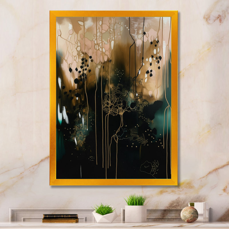 Toile abstraite, reproduction de décor moderne chaos noir - Chaos noir III, Cadre doré, H 40 po x l 30 po
