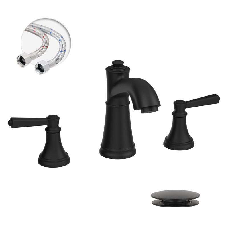 Waterfall 8 In. Widespread Double-Handle Black Bathroom Faucet Set 3-Holes Vanity Sink With Metal Drain In Matte Black