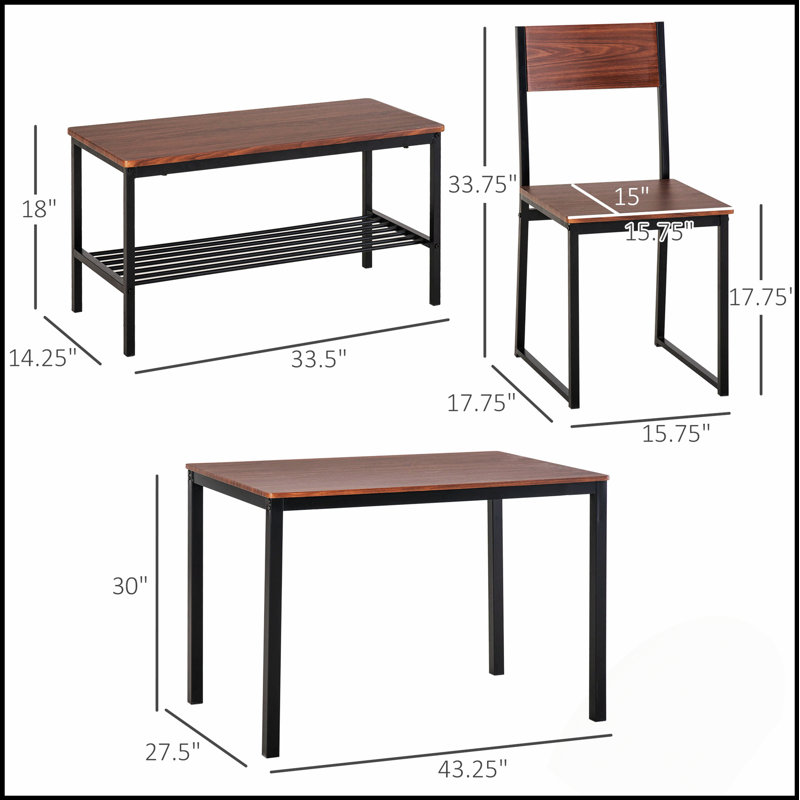 Ensemble de table de salle à manger 4 pièces avec banc et rangement, structure en acier durable pour les espaces compacts et les repas de famille