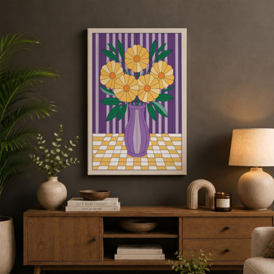 Flowers in Purple Vase Mid-Century 1 Piece Wrapped Canvas Wall Art