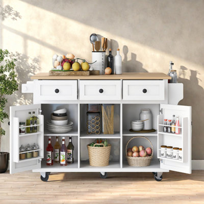 Mobile Kitchen Island With Expandable Rubberwood Countertop, 3 Spacious Drawers, Storage Cabinet With Door Racks, And 5 Smooth-Rolling Wheels by Lark Manor