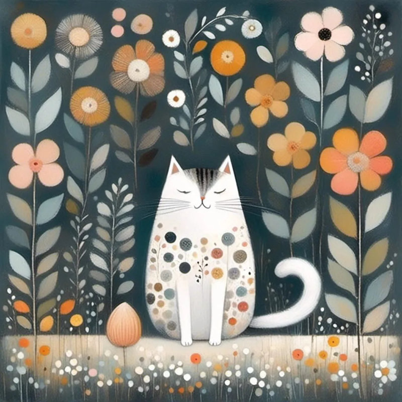Garden Garden Serenity - Chat fantaisiste parmi des fleurs
