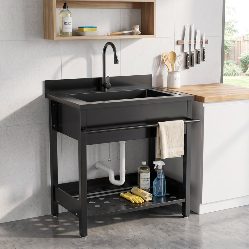 Évier utilitaire autoportant de 76 cm (30 po) avec robinet extractible, en acier inoxydable 304, avec cuve profonde, étagère de rangement et kit de vidange inclus. Station de lavage robuste pour buanderie, garage et atelier.