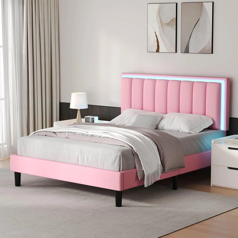 Ensemble de chambre à coucher 3 pièces Smart Bed en cuir avec 2 tables de chevet flottantes à DEL, Rose/Blanc, Lit double