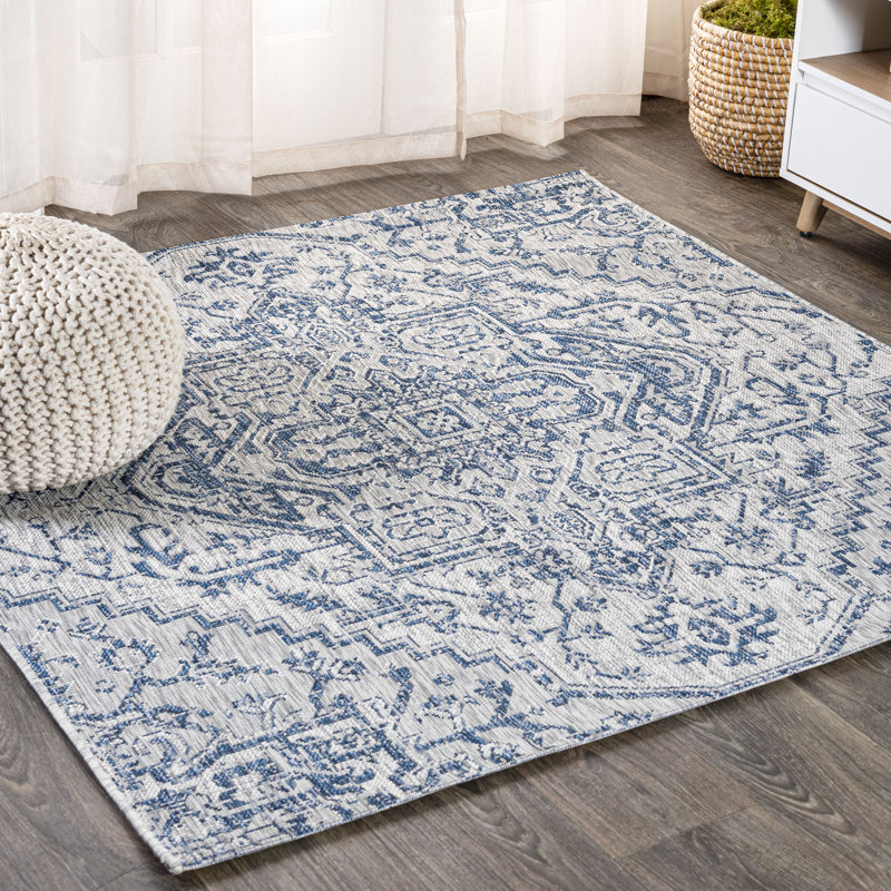 Truman Bohemian Medallion Textured Weave Navy/Gray Indoor/Outdoor Rug, Square 3'1"