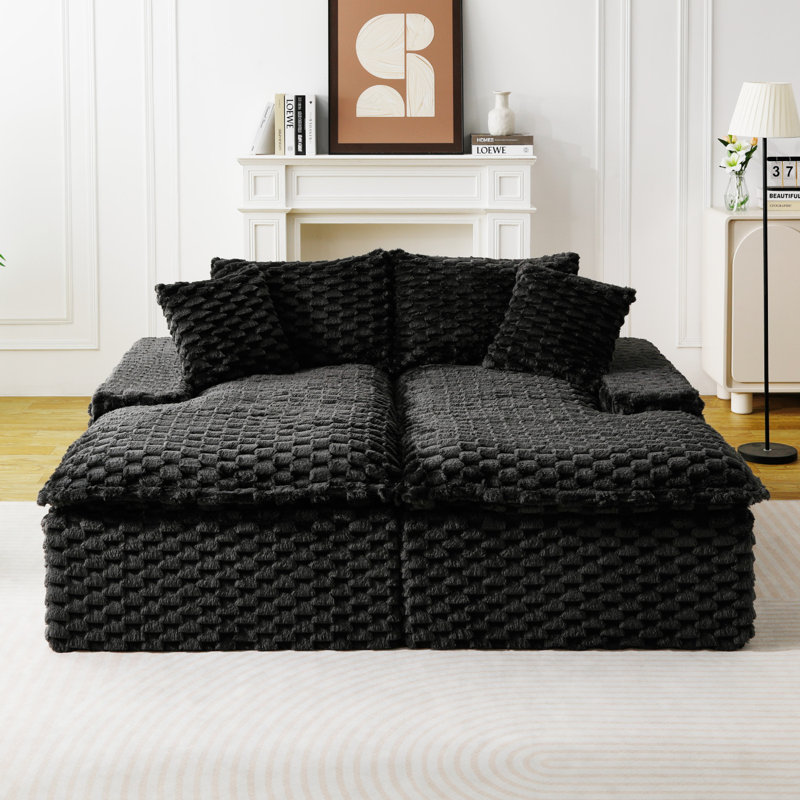Chaise longue double en velours tortue noire, canapé paresseux multifonctionnel avec éponge entièrement compressée, pouvant être agencée côte à côte ou face à face