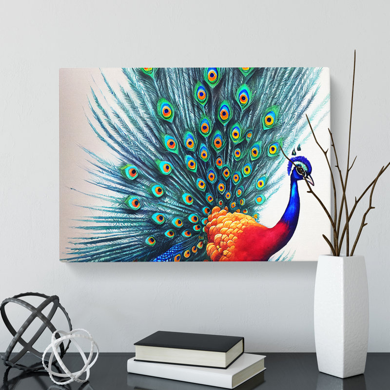 Watercolour Peacock Art - Wrapped Canvas Print, 35cm H x 50cm W x 3cm D