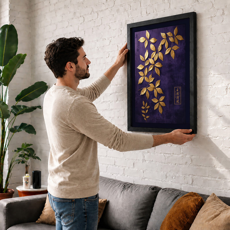 Golden Leaves Descending Botanical - Framed Print, Black, A3 - 42.0 x 29.7 cm
