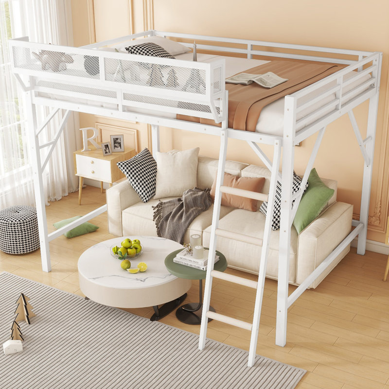 Lit mezzanine double avec échelle et tablettes de rangement, lit mezzanine pour enfants, Blanc
